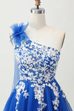 Royal Blue One Shoulder A-Line Tulle Short Homecoming Dress with Lace Up Back