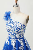 Royal Blue One Shoulder A-Line Tulle Short Homecoming Dress with Lace Up Back