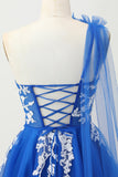Royal Blue One Shoulder A-Line Tulle Short Homecoming Dress with Lace Up Back