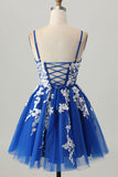 Royal Blue A-Line Tulle Short Homecoming Dress with Lace Up Back
