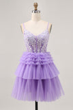 Lavender Off The Shoulder Beaded Tiered A-Line Homecoming Dress