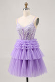 Lavender Off The Shoulder Beaded Tiered A-Line Homecoming Dress
