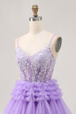 Lavender Off The Shoulder Beaded Tiered A-Line Homecoming Dress