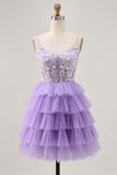 Lavender A-Line Corset Tiered Short Homecoming Dress with Appliques