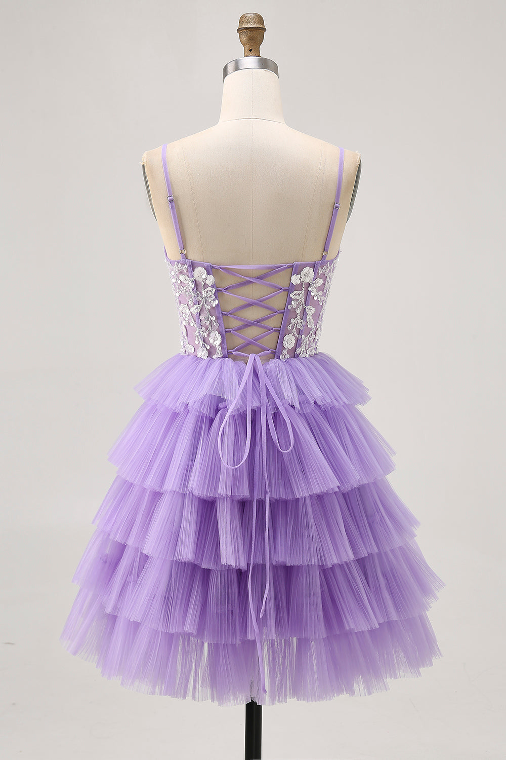 WEDTREND Women Tiered Lavender Homecoming Dress A Line Corset Spaghetti Straps Short Prom Dress with Appliques, Lavender / US14