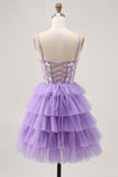 Lavender A-Line Corset Tiered Short Homecoming Dress with Appliques
