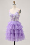 Lavender A-Line Corset Tiered Short Homecoming Dress with Appliques