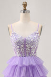 Lavender A-Line Corset Tiered Short Homecoming Dress with Appliques