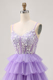 Lavender A-Line Corset Tiered Short Homecoming Dress with Appliques