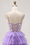 Lavender A-Line Corset Tiered Short Homecoming Dress with Appliques