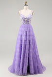 Purple A Line Spaghetti Straps Tiered Corset Long Prom Dress with Slit