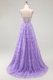 Purple A Line Spaghetti Straps Tiered Corset Long Prom Dress with Slit