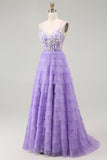 Purple A Line Spaghetti Straps Tiered Corset Long Prom Dress with Slit