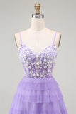 Purple A Line Spaghetti Straps Tiered Corset Long Prom Dress with Slit