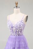 Purple A Line Spaghetti Straps Tiered Corset Long Prom Dress with Slit
