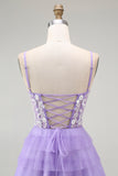 Purple A Line Spaghetti Straps Tiered Corset Long Prom Dress with Slit