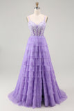 Purple A Line Spaghetti Straps Corset Tiered Sequins Long Prom Dress with Slit