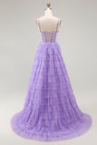 Purple A Line Spaghetti Straps Corset Tiered Sequins Long Prom Dress with Slit