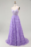 Purple A Line Spaghetti Straps Corset Tiered Sequins Long Prom Dress with Slit