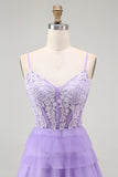 Purple A Line Spaghetti Straps Corset Tiered Sequins Long Prom Dress with Slit