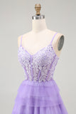Purple A Line Spaghetti Straps Corset Tiered Sequins Long Prom Dress with Slit
