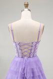 Purple A Line Spaghetti Straps Corset Tiered Sequins Long Prom Dress with Slit