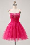 Fuchsia A-Line Spaghetti Straps Corset Homecoming Dress with Beading