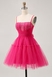 Fuchsia A-Line Spaghetti Straps Corset Homecoming Dress with Beading