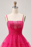 Fuchsia A-Line Spaghetti Straps Corset Homecoming Dress with Beading