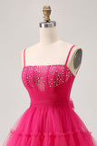 Fuchsia A-Line Spaghetti Straps Corset Homecoming Dress with Beading