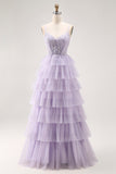 Lilac A-Line Spaghetti Straps Corset Tiered Long Prom Dress with Appliques