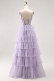 Lilac A-Line Spaghetti Straps Corset Tiered Long Prom Dress with Appliques