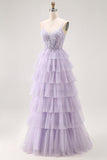 Lilac A-Line Spaghetti Straps Corset Tiered Long Prom Dress with Appliques