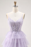 Lilac A-Line Spaghetti Straps Corset Tiered Long Prom Dress with Appliques