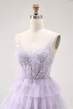 Lilac A-Line Spaghetti Straps Corset Tiered Long Prom Dress with Appliques