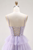 Lilac A-Line Spaghetti Straps Corset Tiered Long Prom Dress with Appliques