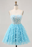 Blue A Line Sequins Corset Short Homecoming Dress with 3D Butterfly