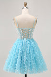 Blue A Line Sequins Corset Short Homecoming Dress with 3D Butterfly