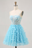 Blue A Line Sequins Corset Short Homecoming Dress with 3D Butterfly