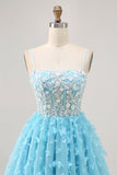 Blue A Line Sequins Corset Short Homecoming Dress with 3D Butterfly