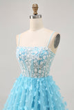 Blue A Line Sequins Corset Short Homecoming Dress with 3D Butterfly