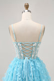 Blue A Line Sequins Corset Short Homecoming Dress with 3D Butterfly