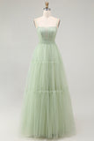 Green A Line Tie Back Pleated Corset Long Prom Dress with Beading