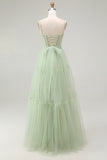 Green A Line Tie Back Pleated Corset Long Prom Dress with Beading