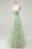 Green A Line Tie Back Pleated Corset Long Prom Dress with Beading