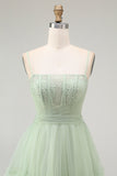 Green A Line Tie Back Pleated Corset Long Prom Dress with Beading