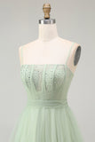 Green A Line Tie Back Pleated Corset Long Prom Dress with Beading