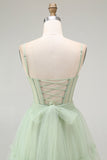 Green A Line Tie Back Pleated Corset Long Prom Dress with Beading