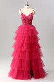 Sparkly Fuchsia A Line Sequins Tie Back Tiered Long Prom Dress with Slit