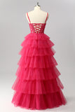 Sparkly Fuchsia A Line Sequins Tie Back Tiered Long Prom Dress with Slit